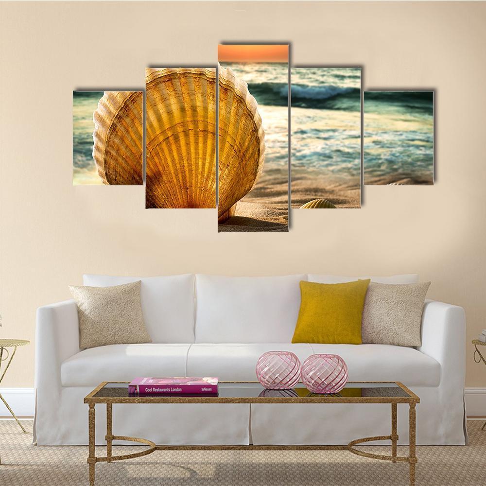 Sea Shells In The Sand Canvas Wall Art-5 Star-Gallery Wrap-62" x 32"-Tiaracle