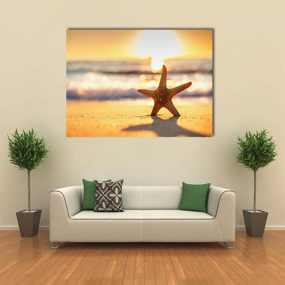 Sea Starfish On The Beach At Sunrise Canvas Wall Art-4 Horizontal-Gallery Wrap-34" x 24"-Tiaracle