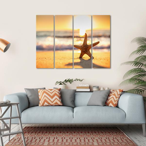 Sea Starfish On The Beach At Sunrise Canvas Wall Art-4 Horizontal-Gallery Wrap-34" x 24"-Tiaracle