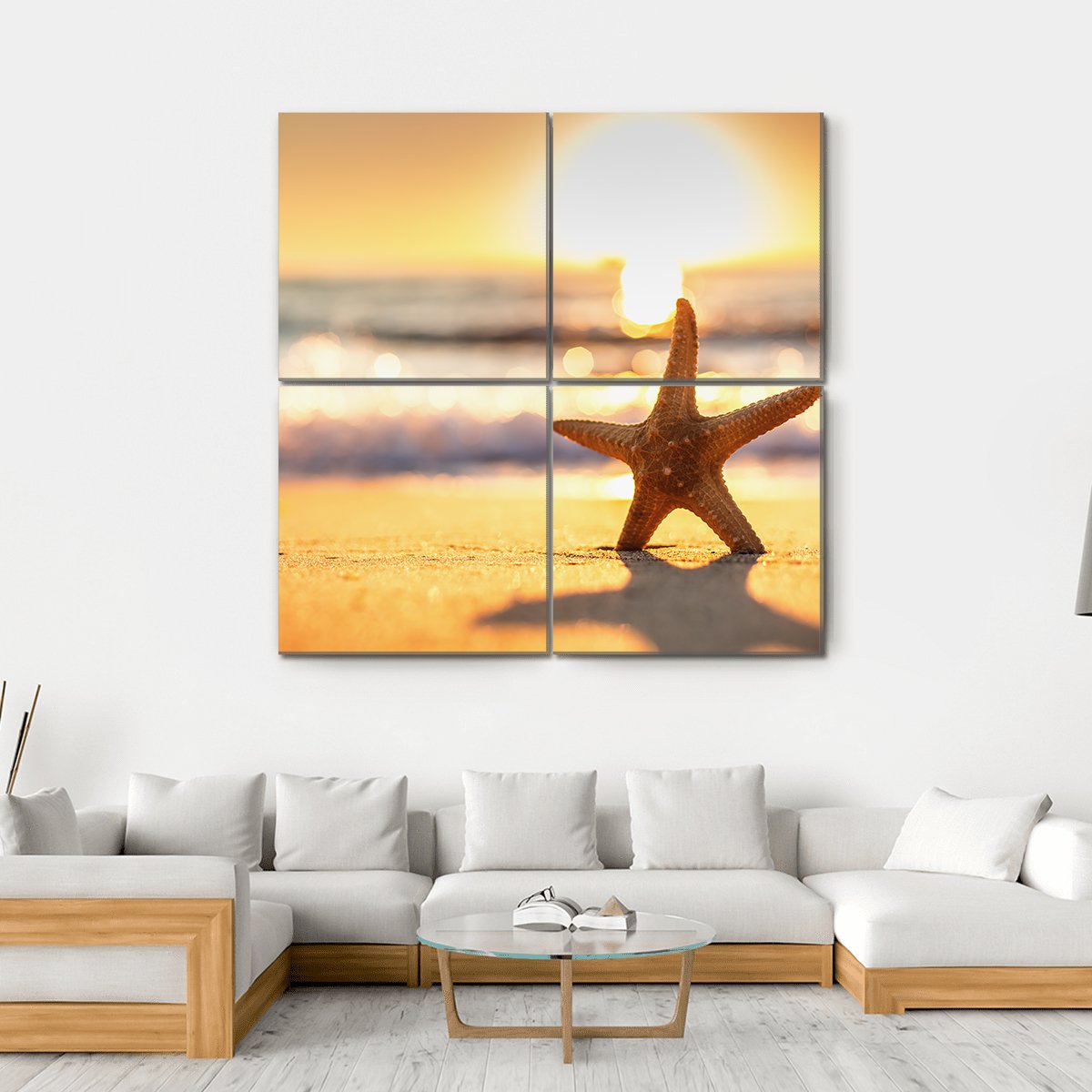 Sea Starfish On The Beach At Sunrise Canvas Wall Art-4 Square-Gallery Wrap-17" x 17"-Tiaracle