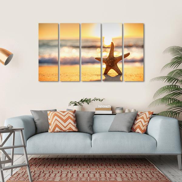 Sea Starfish On The Beach At Sunrise Canvas Wall Art-5 Horizontal-Gallery Wrap-22" x 12"-Tiaracle
