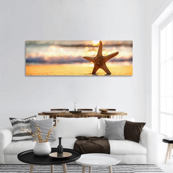 Sea Starfish On The Beach At Sunrise Panoramic Canvas Wall Art-1 Piece-36" x 12"-Tiaracle