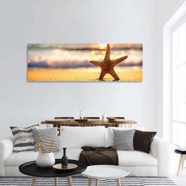 Sea Starfish On The Beach At Sunrise Panoramic Canvas Wall Art-3 Piece-25" x 08"-Tiaracle