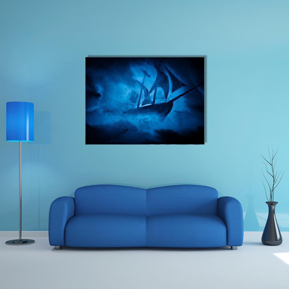 Tall Ship in Sea Storm Canvas Wall Art in black and blue, single panel hung on a wall