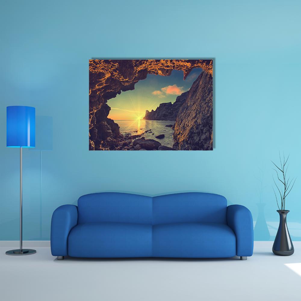 Sea Sunset From Mountain Cave Canvas Wall Art-3 Horizontal-Gallery Wrap-37" x 24"-Tiaracle