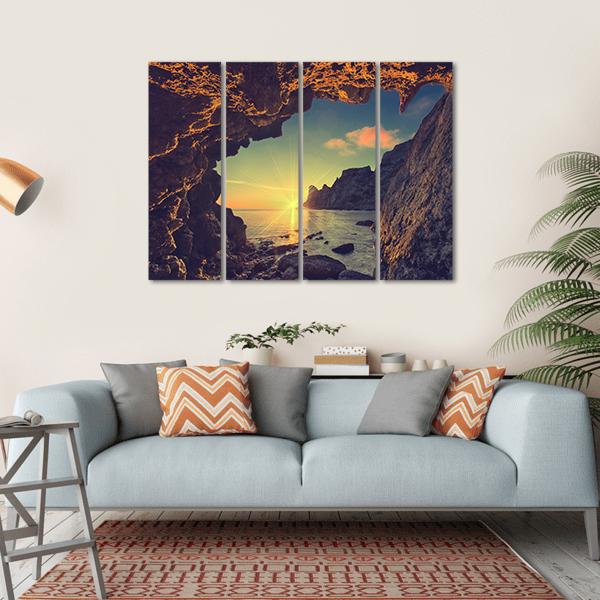 Sea Sunset From Mountain Cave Canvas Wall Art-4 Horizontal-Gallery Wrap-34" x 24"-Tiaracle