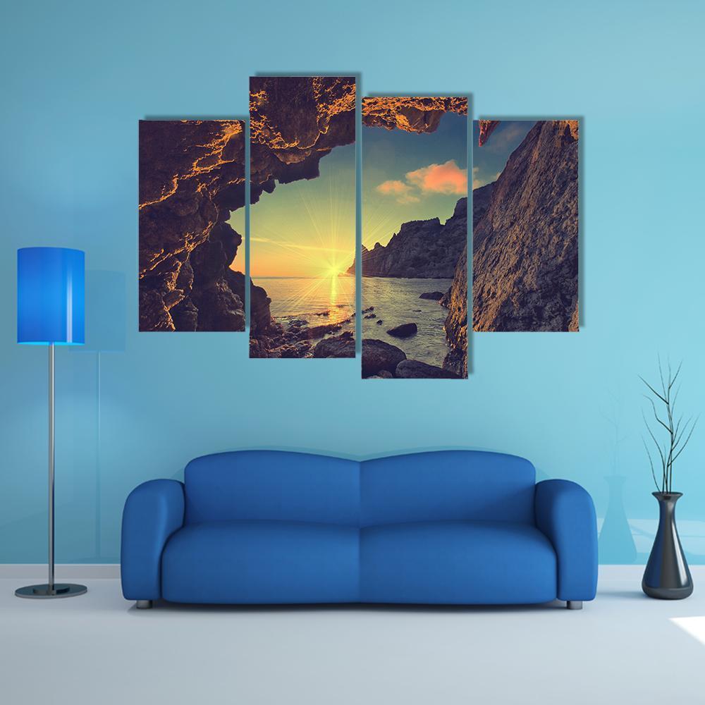 Sea Sunset From Mountain Cave Canvas Wall Art-4 Pop-Gallery Wrap-50" x 32"-Tiaracle