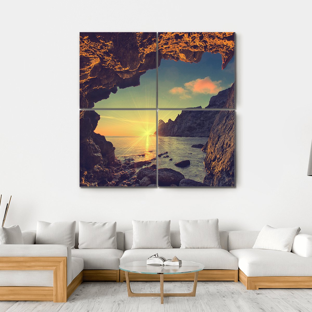 Sea Sunset From Mountain Cave Canvas Wall Art-4 Square-Gallery Wrap-17" x 17"-Tiaracle