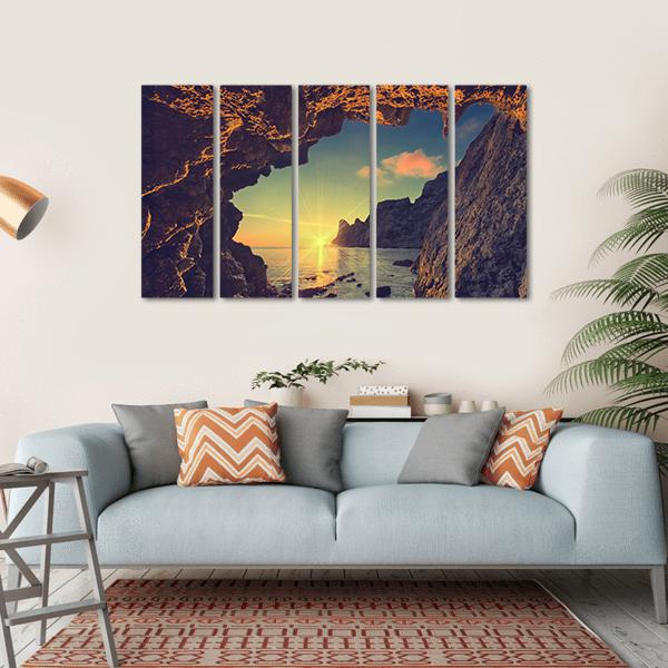 Sea Sunset From Mountain Cave Canvas Wall Art-5 Horizontal-Gallery Wrap-22" x 12"-Tiaracle