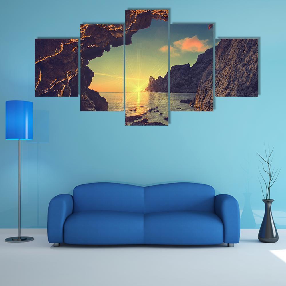 Sea Sunset From Mountain Cave Canvas Wall Art-5 Star-Gallery Wrap-62" x 32"-Tiaracle