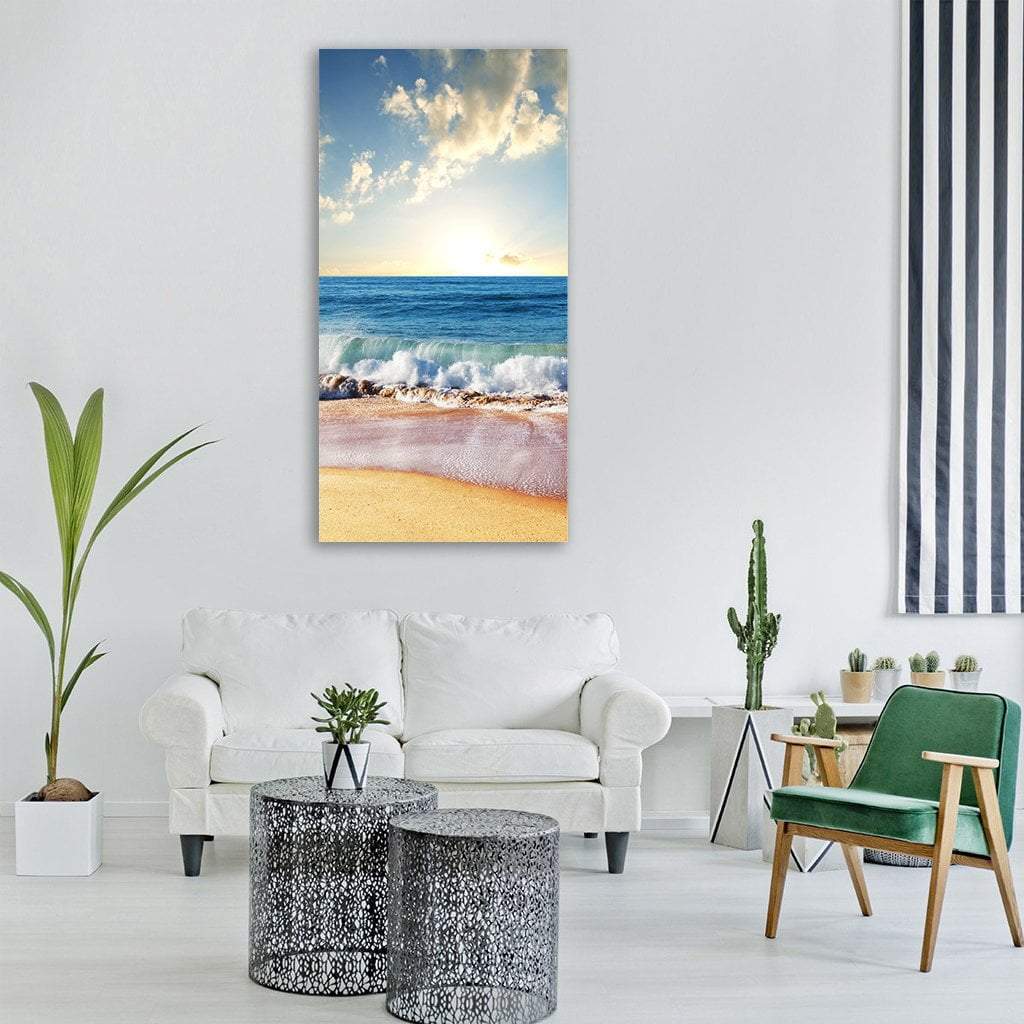 Sea Sunset Over Ocean Waves Vertical Canvas Wall Art in white, yellow and blue, single vertical panel hung on a wall