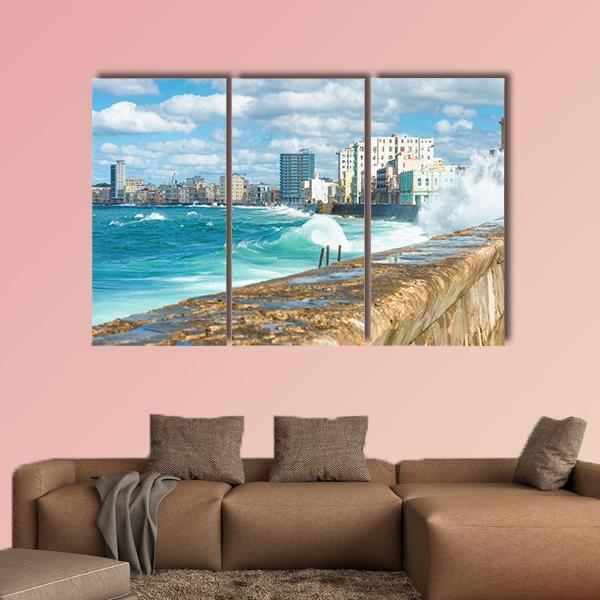 Sea Waves Crashing On The Malecon Seawall Canvas Wall Art-3 Horizontal-Gallery Wrap-37&quot; x 24&quot;-Tiaracle