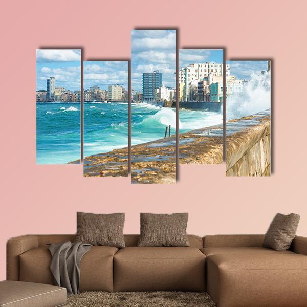 Sea Waves Crashing On The Malecon Seawall Canvas Wall Art-5 Pop-Gallery Wrap-47" x 32"-Tiaracle