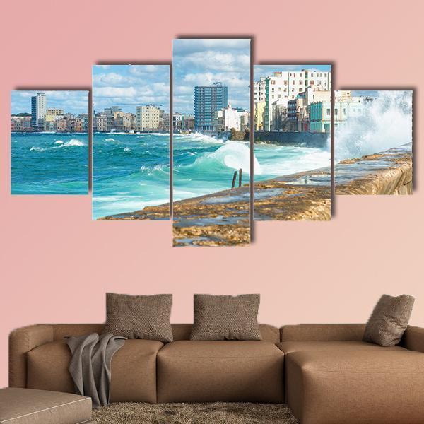 Sea Waves Crashing On The Malecon Seawall Canvas Wall Art-5 Star-Gallery Wrap-62" x 32"-Tiaracle