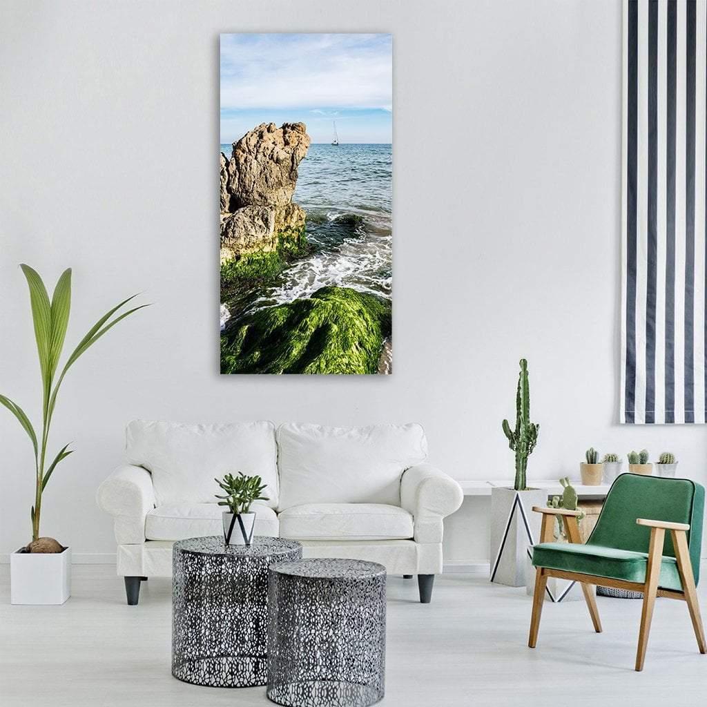 Sea Waves in Summer Vertical Canvas Wall Art in beige, green and blue, single vertical panel hung on a wall