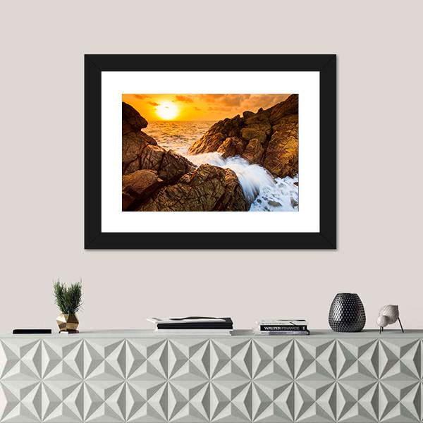 Sea Waves Line Impact Rock On The Beach Canvas Wall Art-1 Piece-Framed Print-20" x 16"-Tiaracle