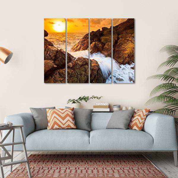 Sea Waves Line Impact Rock On The Beach Canvas Wall Art-4 Horizontal-Gallery Wrap-34" x 24"-Tiaracle