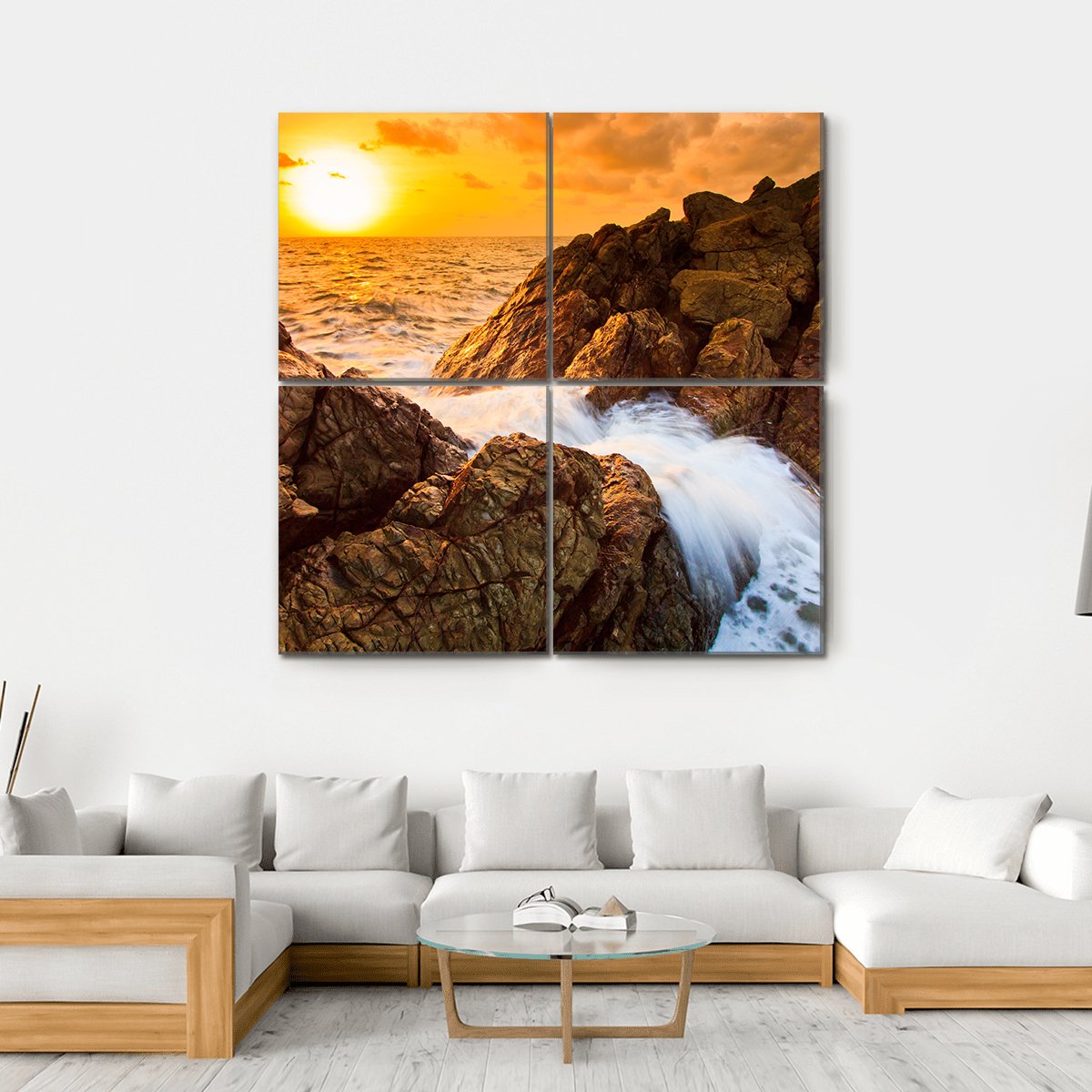 Sea Waves Line Impact Rock On The Beach Canvas Wall Art-4 Square-Gallery Wrap-17" x 17"-Tiaracle