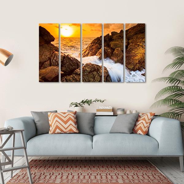 Sea Waves Line Impact Rock On The Beach Canvas Wall Art-5 Horizontal-Gallery Wrap-22" x 12"-Tiaracle