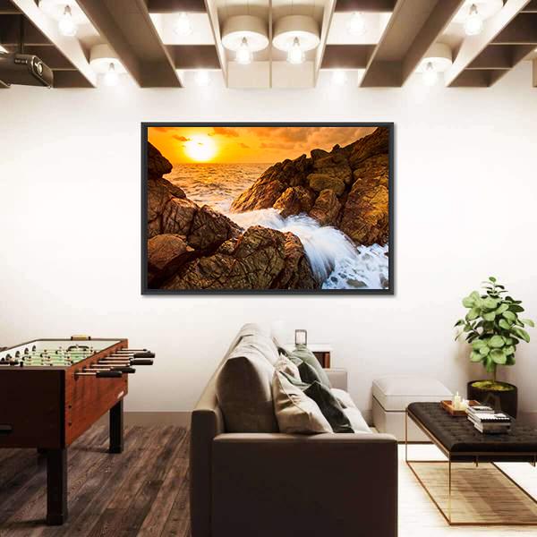 Sea Waves Line Impact Rock On The Beach Canvas Wall Art-3 Horizontal-Gallery Wrap-25" x 16"-Tiaracle