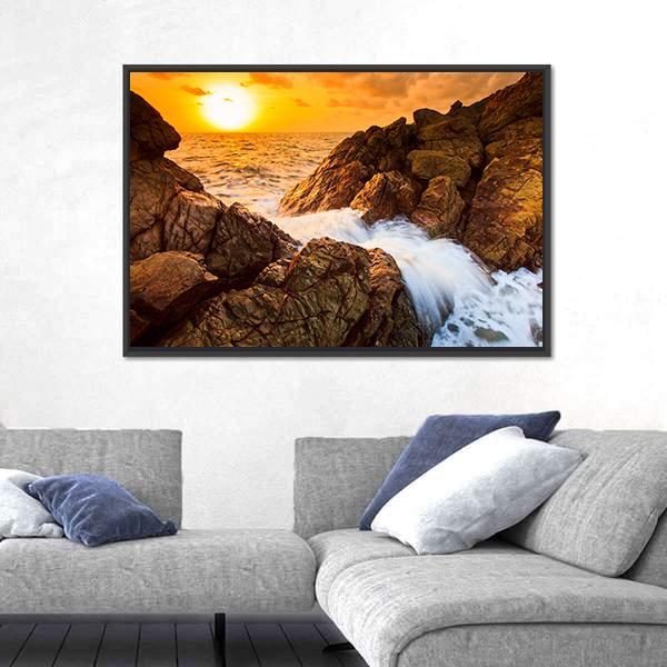 Sea Waves Line Impact Rock On The Beach Canvas Wall Art-3 Horizontal-Gallery Wrap-25" x 16"-Tiaracle
