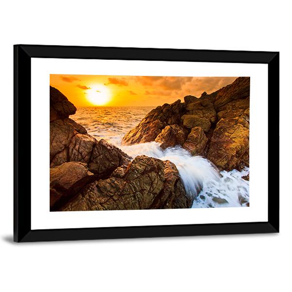 Sea Waves Line Impact Rock On The Beach Canvas Wall Art-3 Horizontal-Gallery Wrap-25" x 16"-Tiaracle