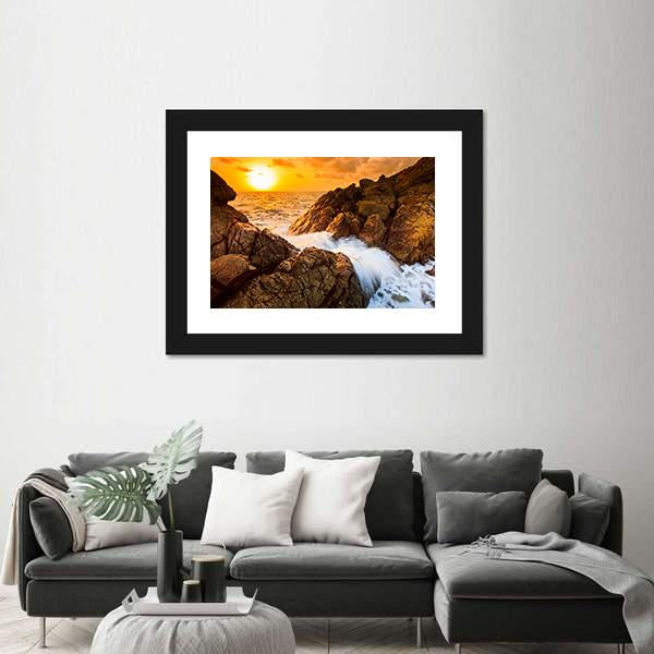 Sea Waves Line Impact Rock On The Beach Canvas Wall Art-3 Horizontal-Gallery Wrap-25" x 16"-Tiaracle