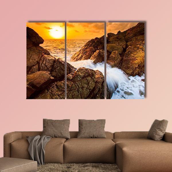 Sea Waves Line Impact Rock On The Beach Canvas Wall Art-3 Horizontal-Gallery Wrap-37" x 24"-Tiaracle