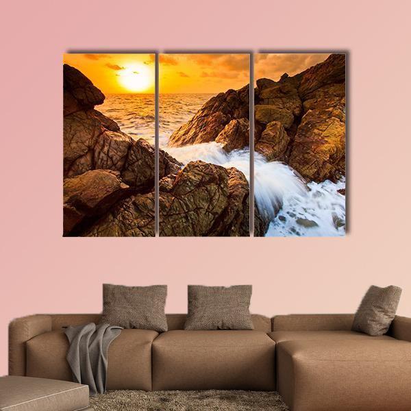 Sea Waves Line Impact Rock On The Beach Canvas Wall Art-5 Pop-Gallery Wrap-47" x 32"-Tiaracle