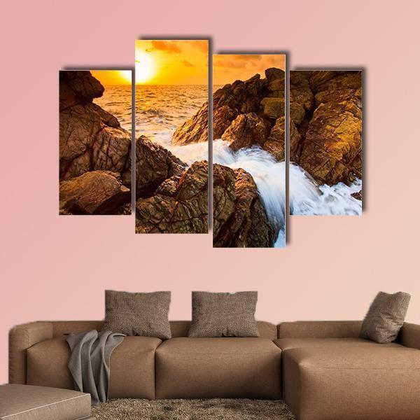 Sea Waves Line Impact Rock On The Beach Canvas Wall Art-4 Pop-Gallery Wrap-50" x 32"-Tiaracle