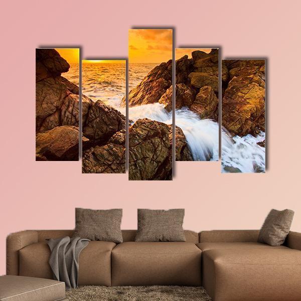 Sea Waves Line Impact Rock On The Beach Canvas Wall Art-5 Pop-Gallery Wrap-47" x 32"-Tiaracle