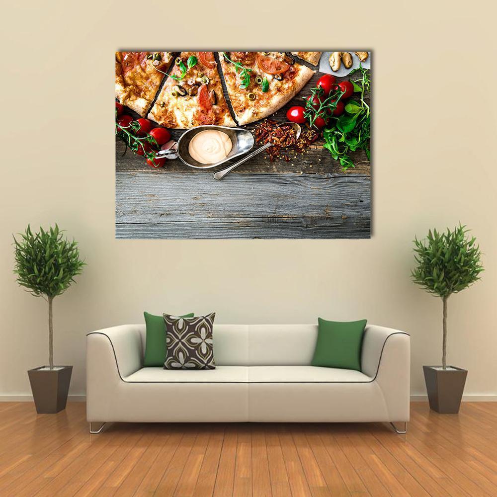 Seafood Pizza with Cherries Canvas Wall Art in gray, brown and red, single panel hung on a wall