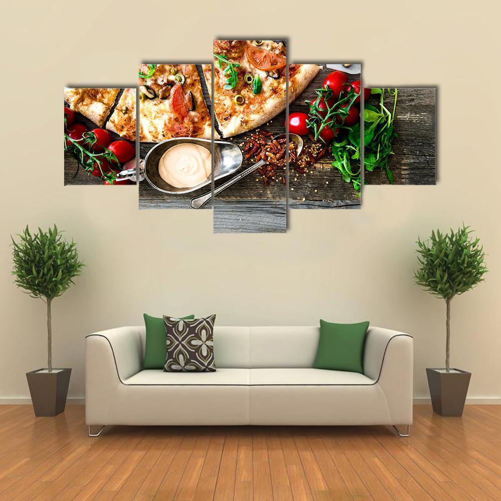 Seafood Pizza With Cherries Canvas Wall Art-5 Star-Gallery Wrap-62" x 32"-Tiaracle