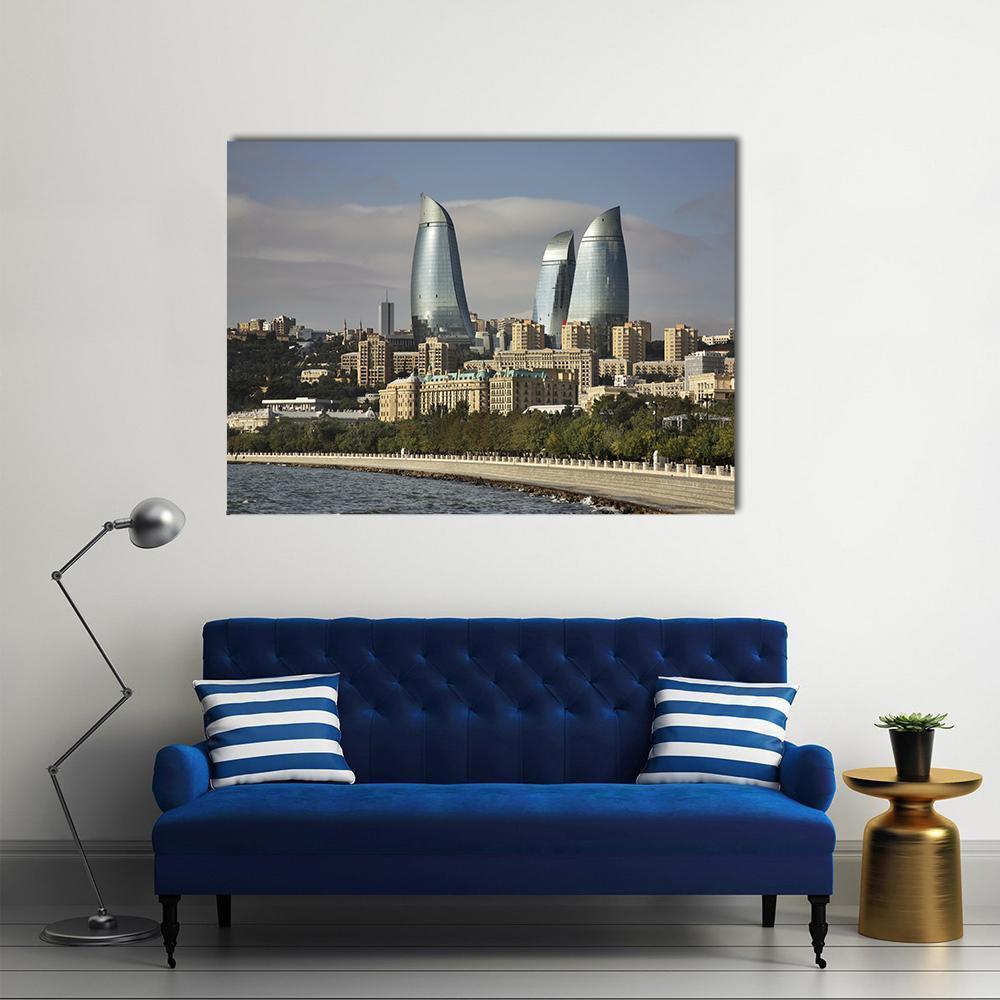Baku Seafront Skyline Canvas Wall Art in gray, beige and blue, single panel hung on a wall
