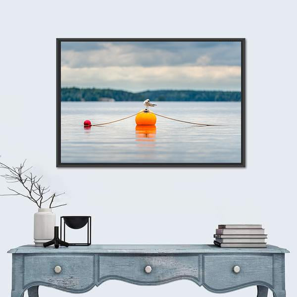 Seagull Bird Standing On An Orange Buoy Canvas Wall Art-1 Piece-Floating Frame-24" x 16"-Tiaracle