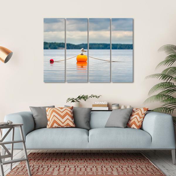 Seagull Bird Standing On An Orange Buoy Canvas Wall Art-4 Horizontal-Gallery Wrap-34" x 24"-Tiaracle