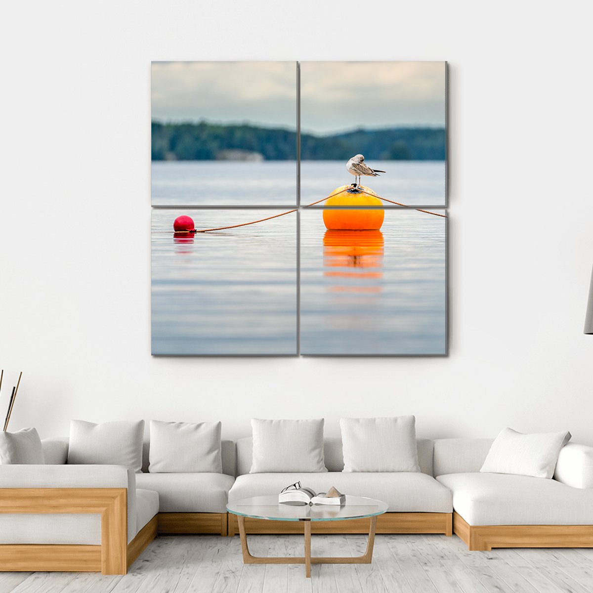 Seagull Bird Standing On An Orange Buoy Canvas Wall Art-4 Square-Gallery Wrap-17" x 17"-Tiaracle