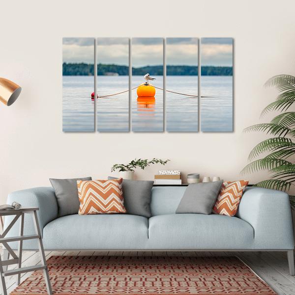 Seagull Bird Standing On An Orange Buoy Canvas Wall Art-5 Horizontal-Gallery Wrap-22" x 12"-Tiaracle