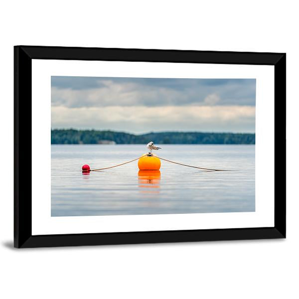 Seagull Bird Standing On An Orange Buoy Canvas Wall Art-5 Horizontal-Gallery Wrap-22" x 12"-Tiaracle