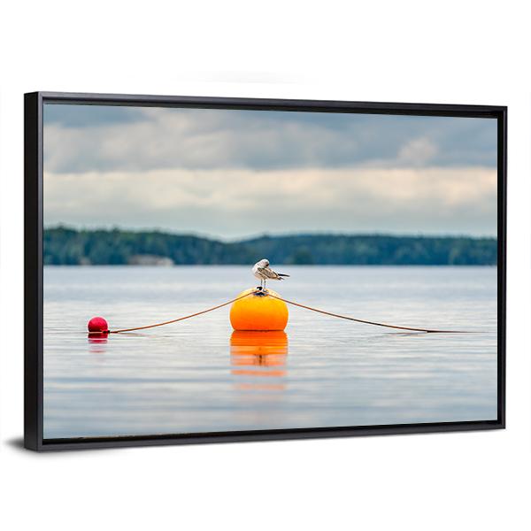 Seagull Bird Standing On An Orange Buoy Canvas Wall Art-5 Horizontal-Gallery Wrap-22" x 12"-Tiaracle