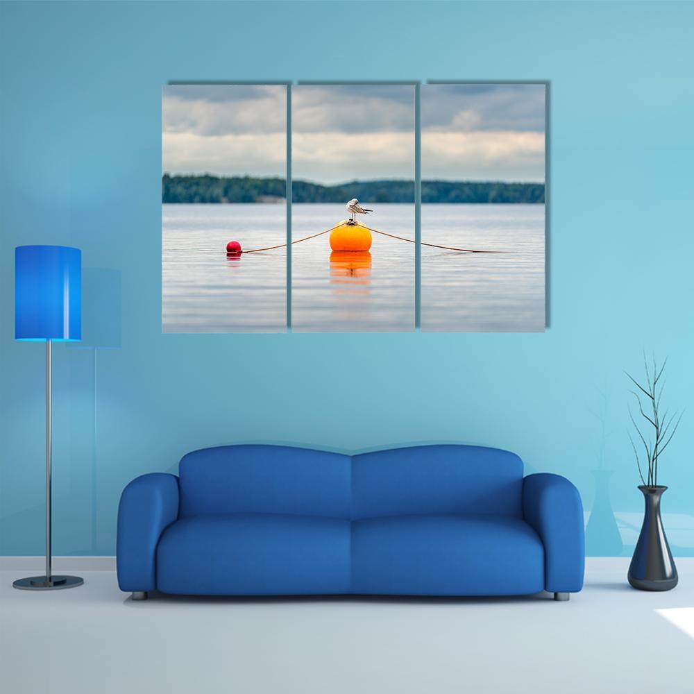 Seagull Bird Standing On An Orange Buoy Canvas Wall Art-3 Horizontal-Gallery Wrap-37" x 24"-Tiaracle