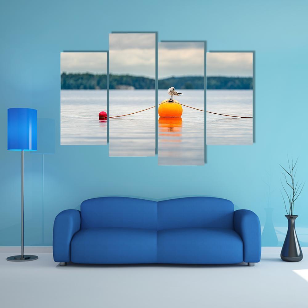 Seagull Bird Standing On An Orange Buoy Canvas Wall Art-4 Pop-Gallery Wrap-50" x 32"-Tiaracle