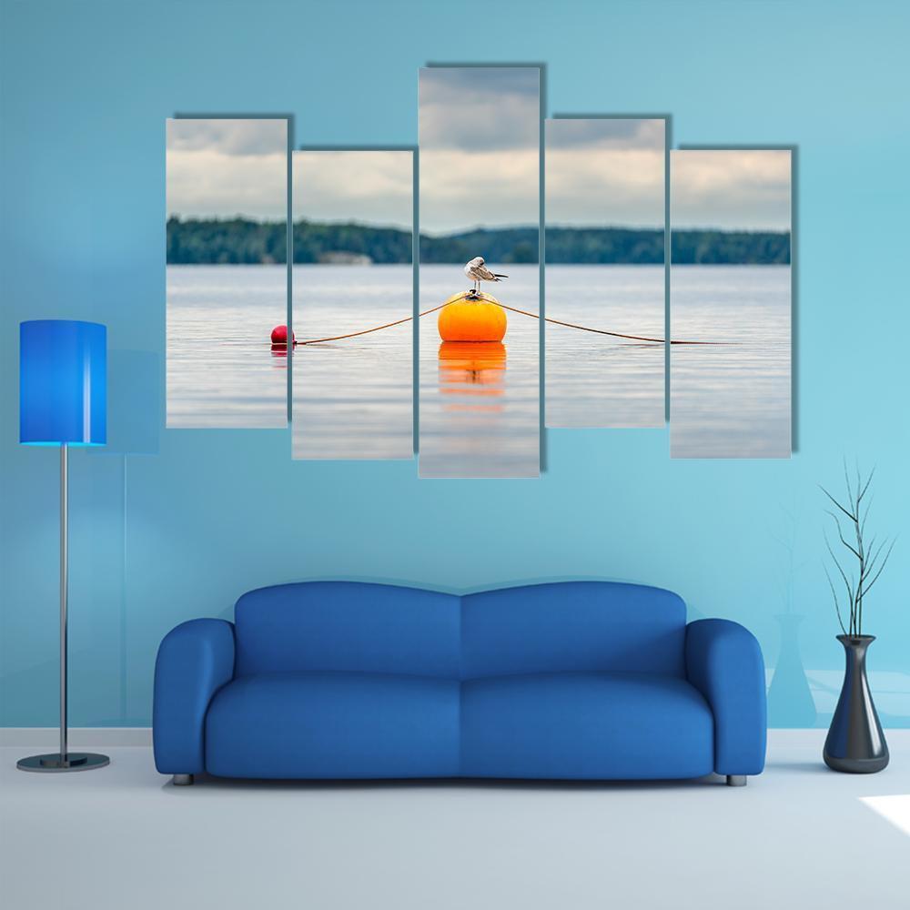 Seagull Bird Standing On An Orange Buoy Canvas Wall Art-5 Pop-Gallery Wrap-47" x 32"-Tiaracle