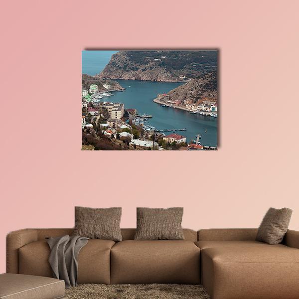 Balaklava Seaport, Crimea Canvas Wall Art in gray, brown and blue, single panel hung on a wall