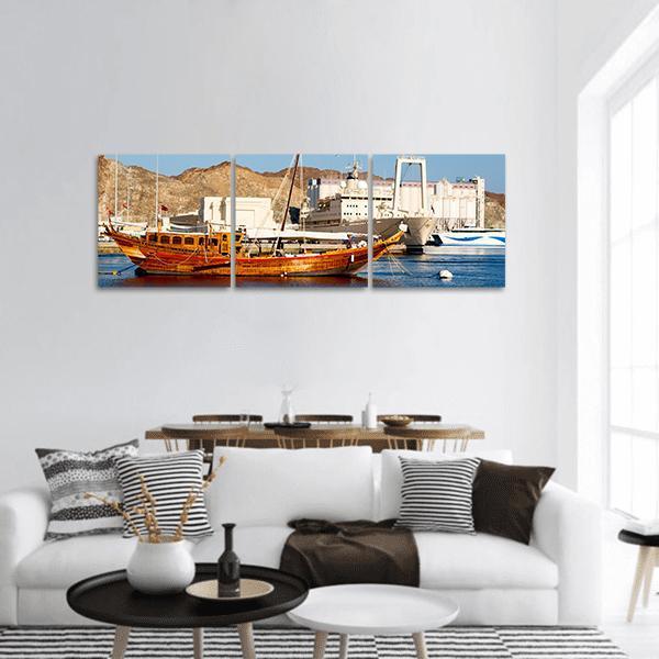 Seaport Of Oman Panoramic Canvas Wall Art-3 Piece-25" x 08"-Tiaracle