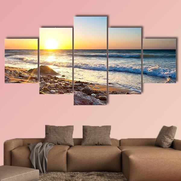 Seascape During Sundown Canvas Wall Art-5 Star-Gallery Wrap-62" x 32"-Tiaracle