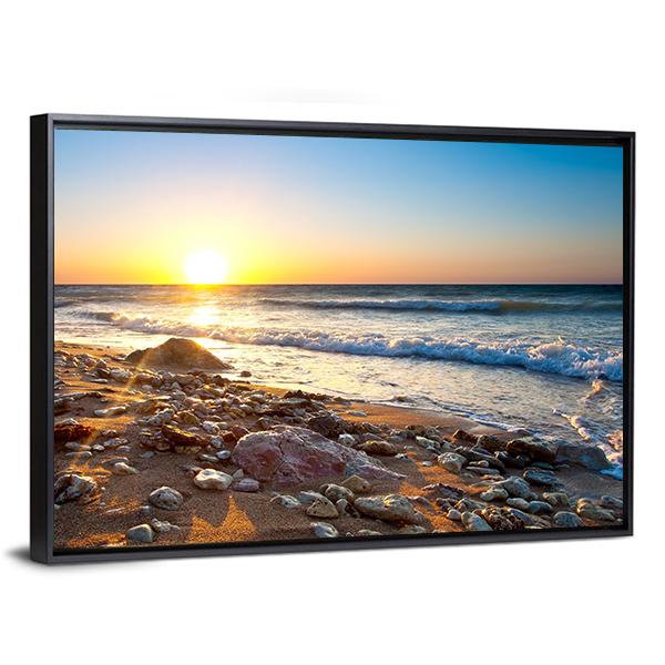 Seascape During Sundown Canvas Wall Art-3 Horizontal-Gallery Wrap-25" x 16"-Tiaracle