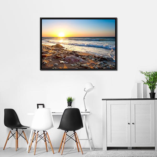 Seascape During Sundown Canvas Wall Art-3 Horizontal-Gallery Wrap-25" x 16"-Tiaracle