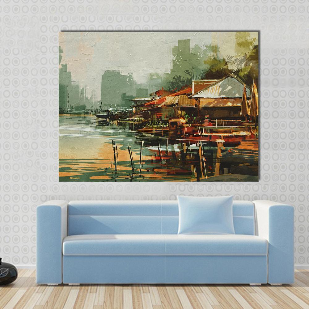 Watercolor Seascape of Old Fishing Village Canvas Wall Art in beige, brown and green, single panel hung on a wall