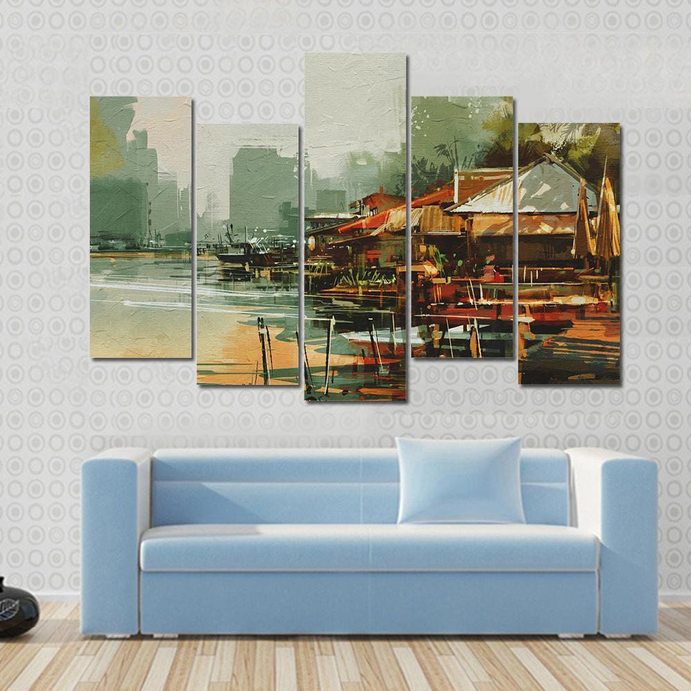 Seascape Painting Showing Old Fishing Village Watercolor Style Canvas Wall Art-4 Pop-Gallery Wrap-50" x 32"-Tiaracle